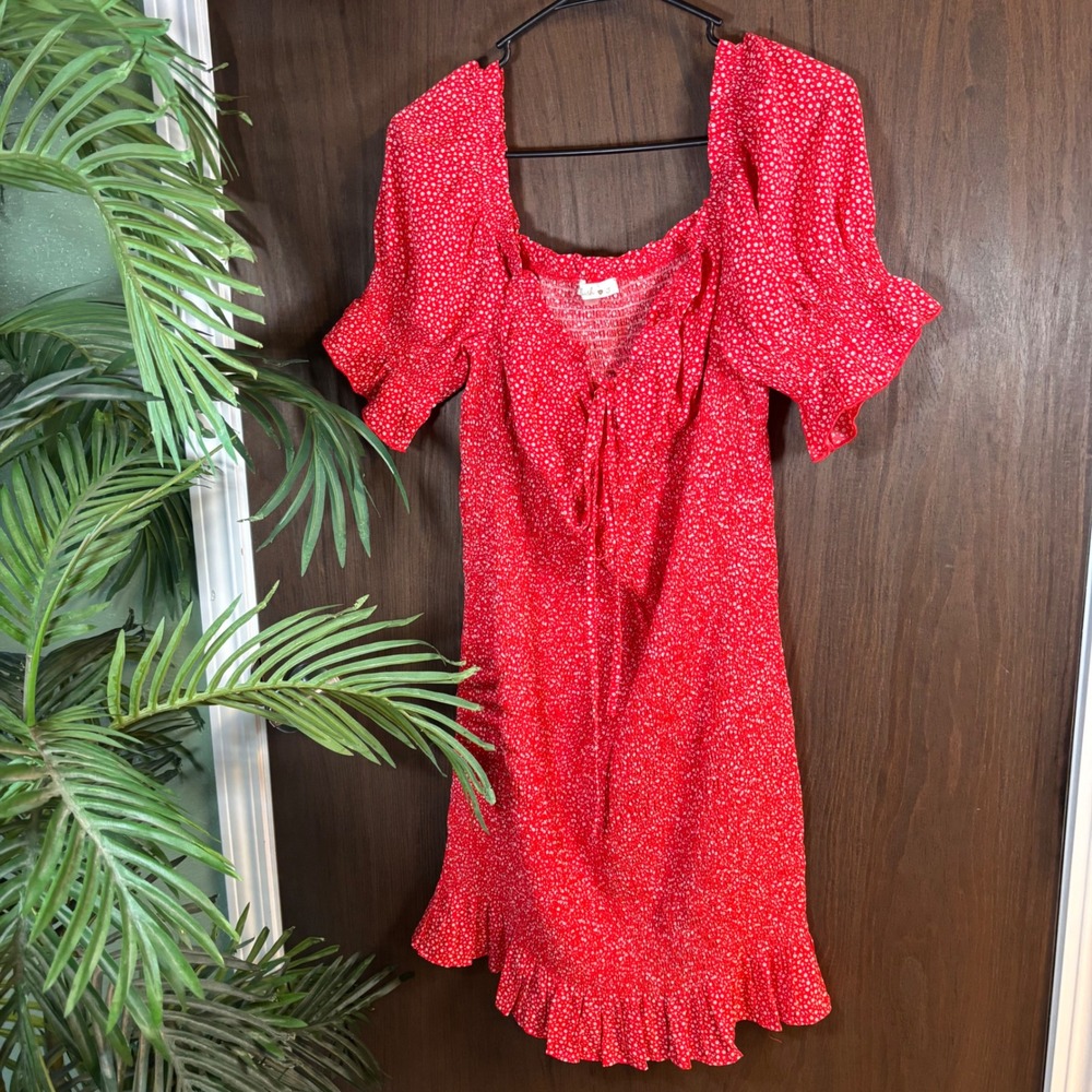 Blush J Red Floral Smocked Mini Dress 1X Puff Sleeve Cottagecore